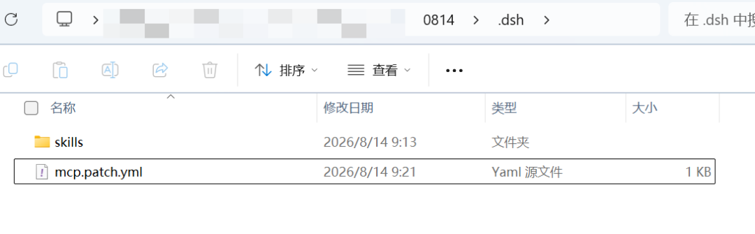 The project .dsh folder showing mcp.patch.yml next to skills